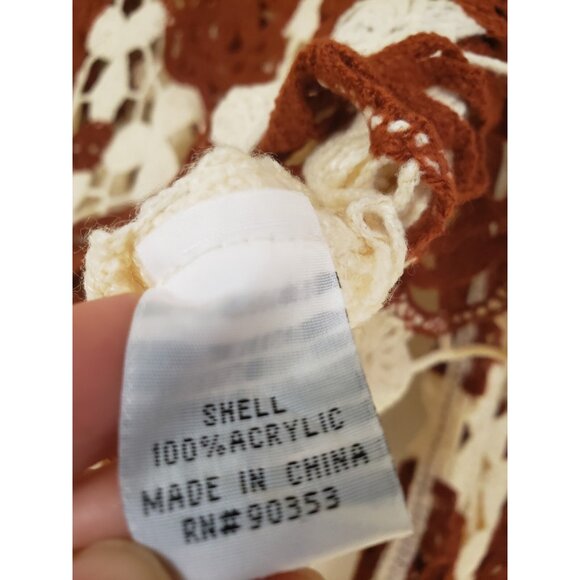 Kings Road Womens L Crochet Top Floral Cream Brown Flare Sleeve Festival Boho - Picture 7 of 7